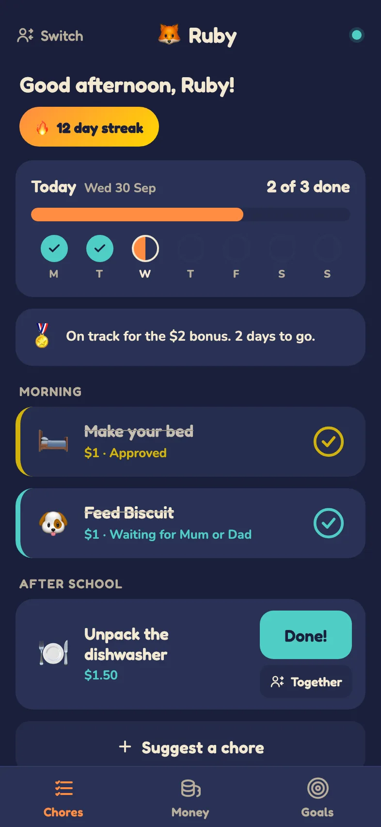 The Piggy on a child's iPhone showing today's chores, two ticked, in front of a parent's phone with two chores waiting for approval.